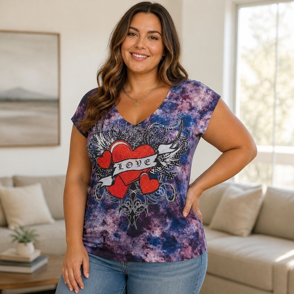 Hip Tee Womens Purple Tie Dye Love Heart Studded V-Neck Cap Sleeve Top Large